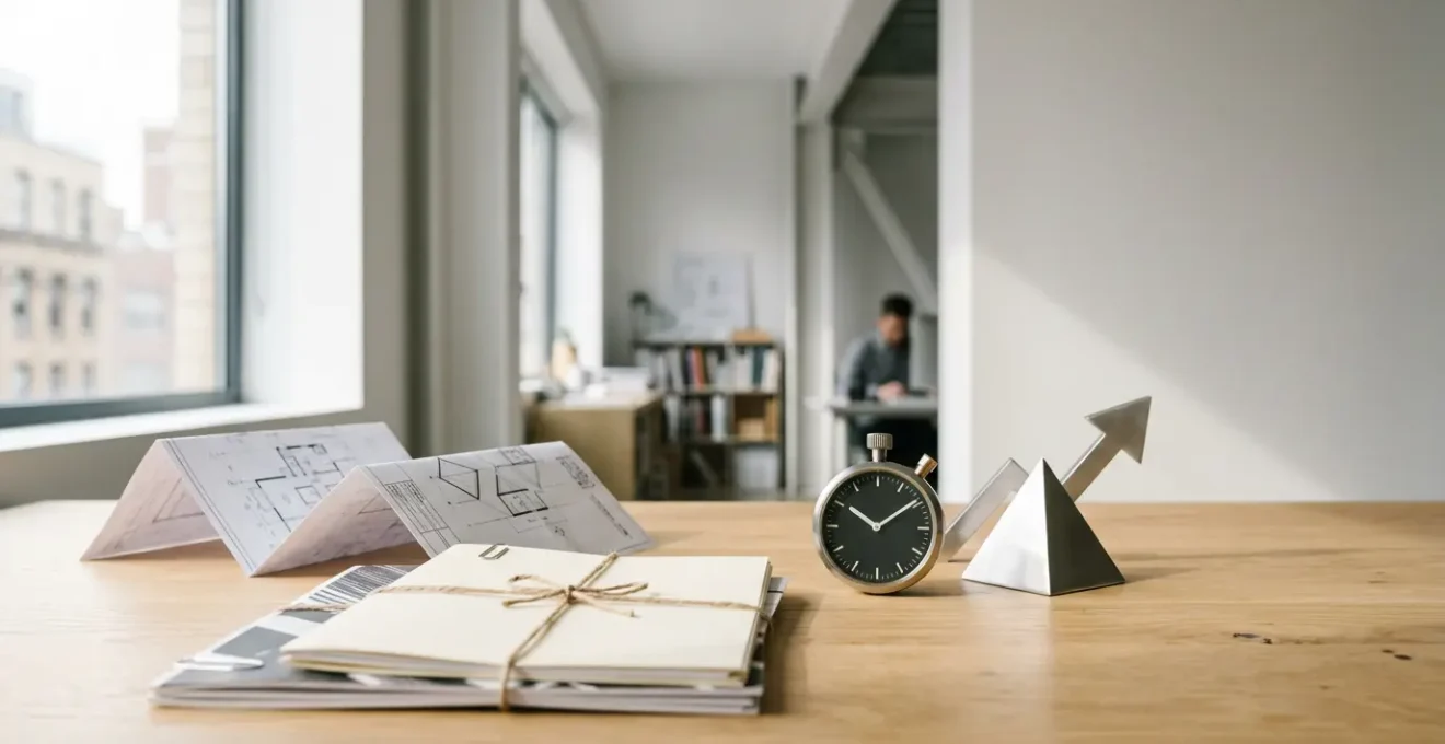 Vue d'ensemble d'un espace de travail minimaliste avec documents de prêt et chronomètre symbolisant la réduction des délais