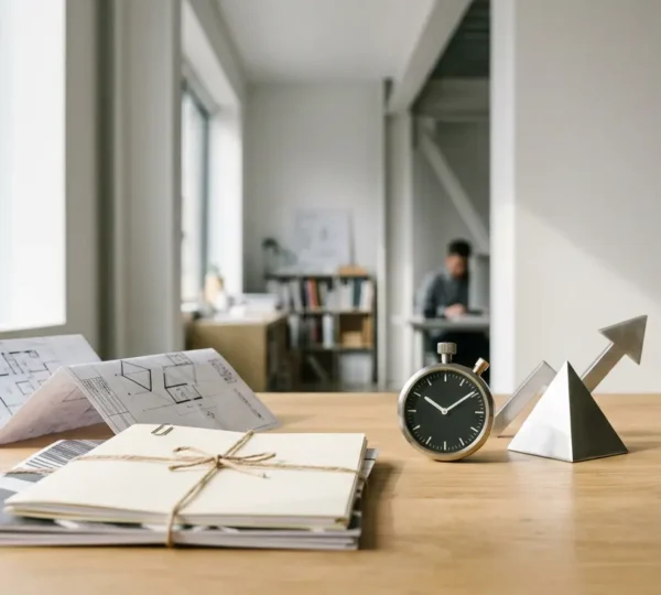 Vue d'ensemble d'un espace de travail minimaliste avec documents de prêt et chronomètre symbolisant la réduction des délais