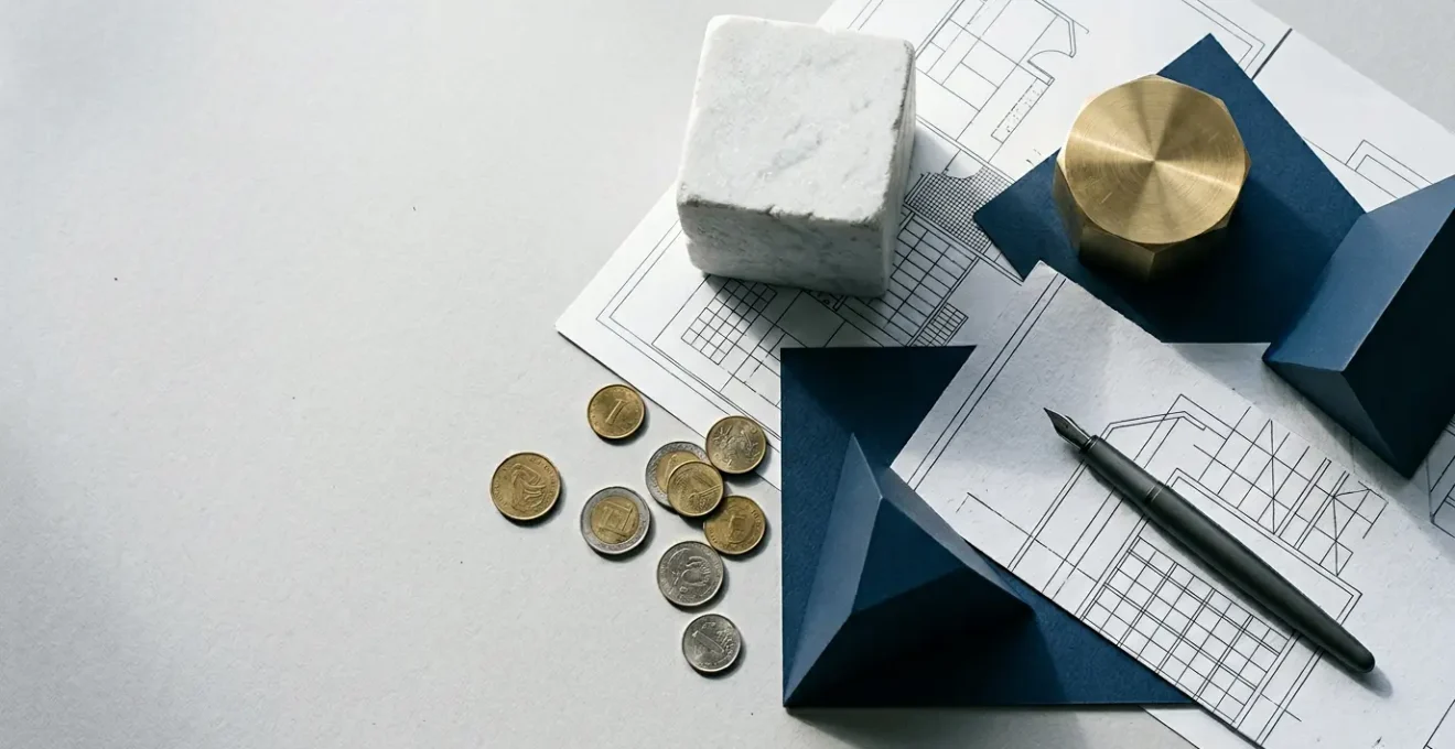 Composition symbolique évoquant l'analyse patrimoniale et la stratégie financière personnelle