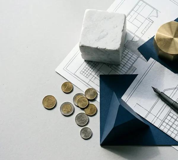 Composition symbolique évoquant l'analyse patrimoniale et la stratégie financière personnelle