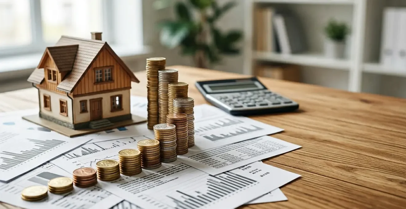 Composition symbolique représentant le calcul du coût total d'un prêt immobilier sur 25 ans