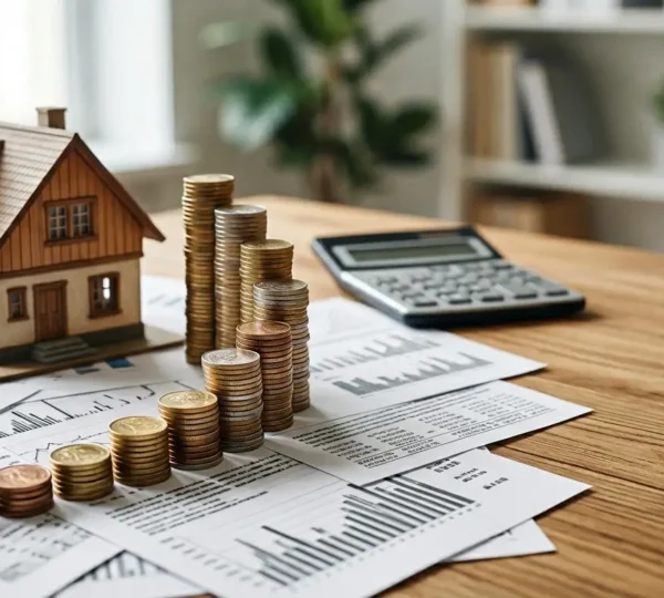 Composition symbolique représentant le calcul du coût total d'un prêt immobilier sur 25 ans