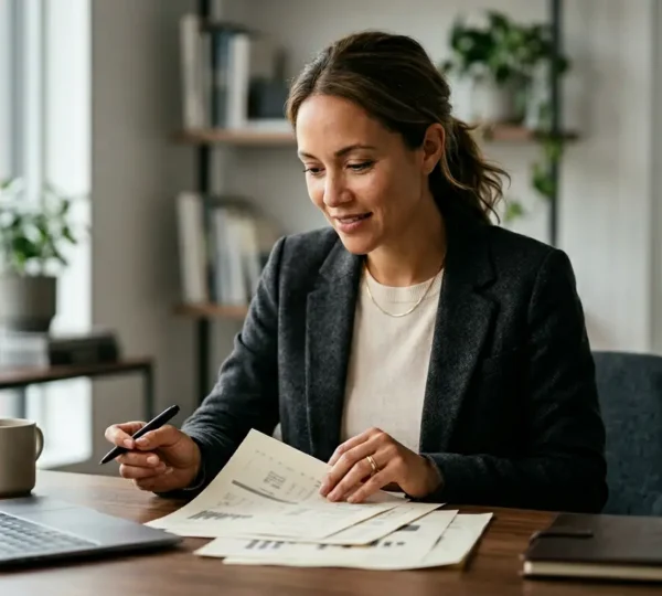 Professionnel du courtage analysant des données financières pour optimiser un prêt immobilier