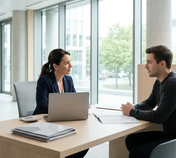 Professionnel examinant des documents financiers dans un environnement professionnel épuré