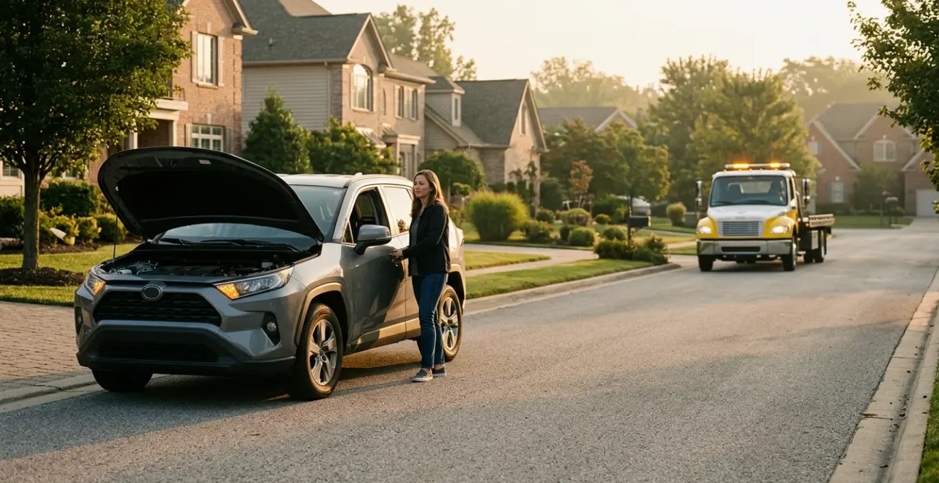 Voiture immobilisée devant un domicile avec dépanneuse en approche pour assistance 0 km