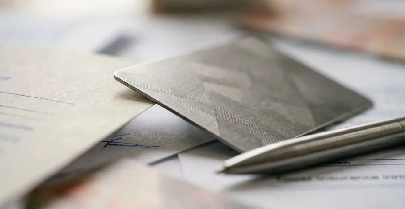 Carte bancaire premium avec documents de contrat d'assurance voyage étalés sur bureau