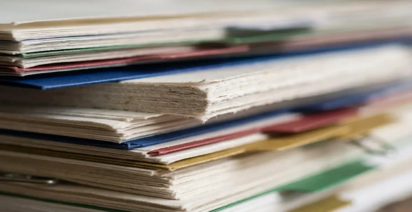 Gros plan macro sur des documents de prêt parfaitement organisés avec des textures de papier visible