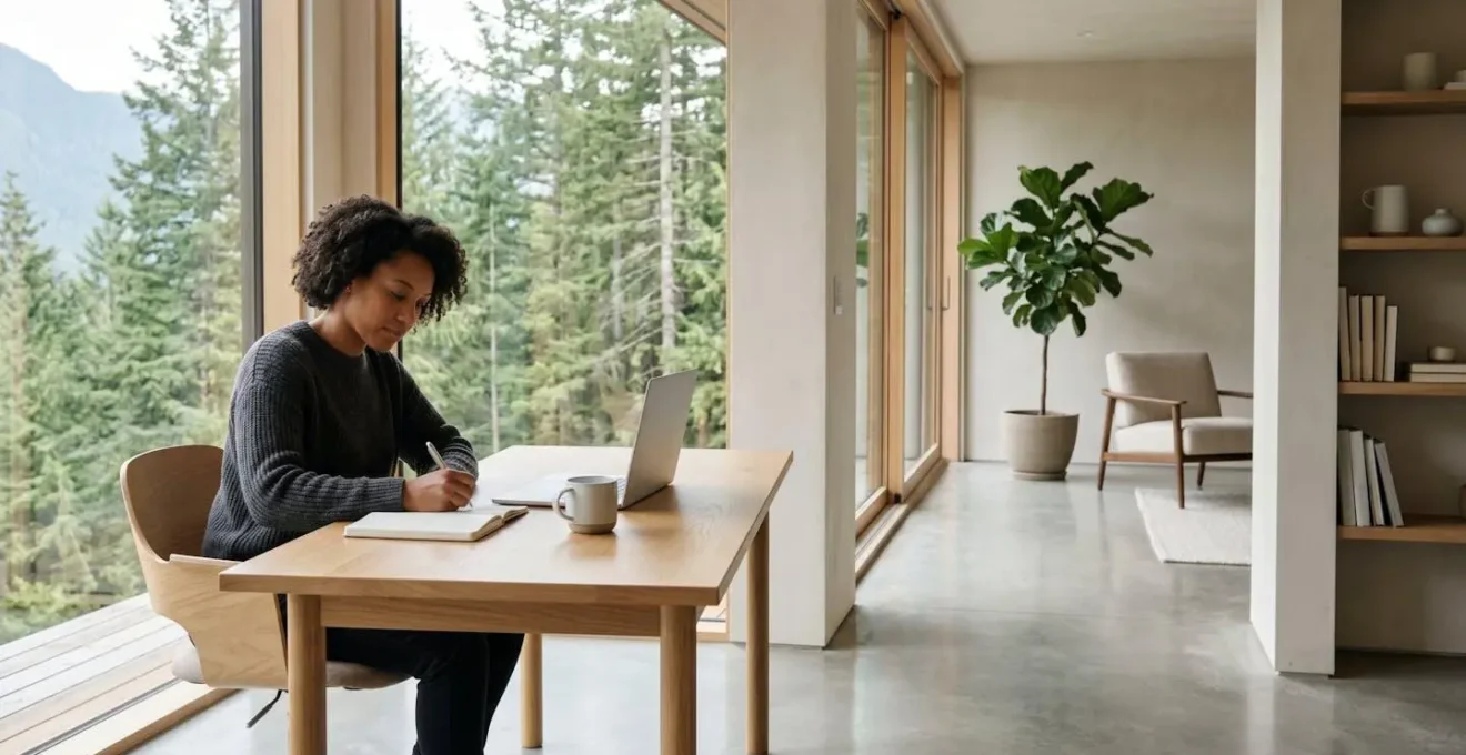 Un entrepreneur indépendant analysant ses options bancaires dans un environnement de travail minimaliste