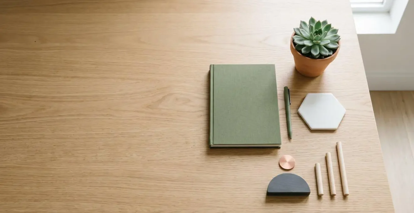 Vue aérienne minimaliste d'un espace de travail épuré avec un carnet et une plante, symbolisant la planification financière