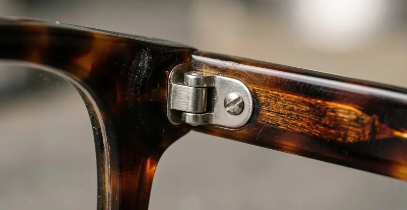 Gros plan macro sur la charnière et la matière d'une monture de lunettes moderne révélant sa qualité de fabrication