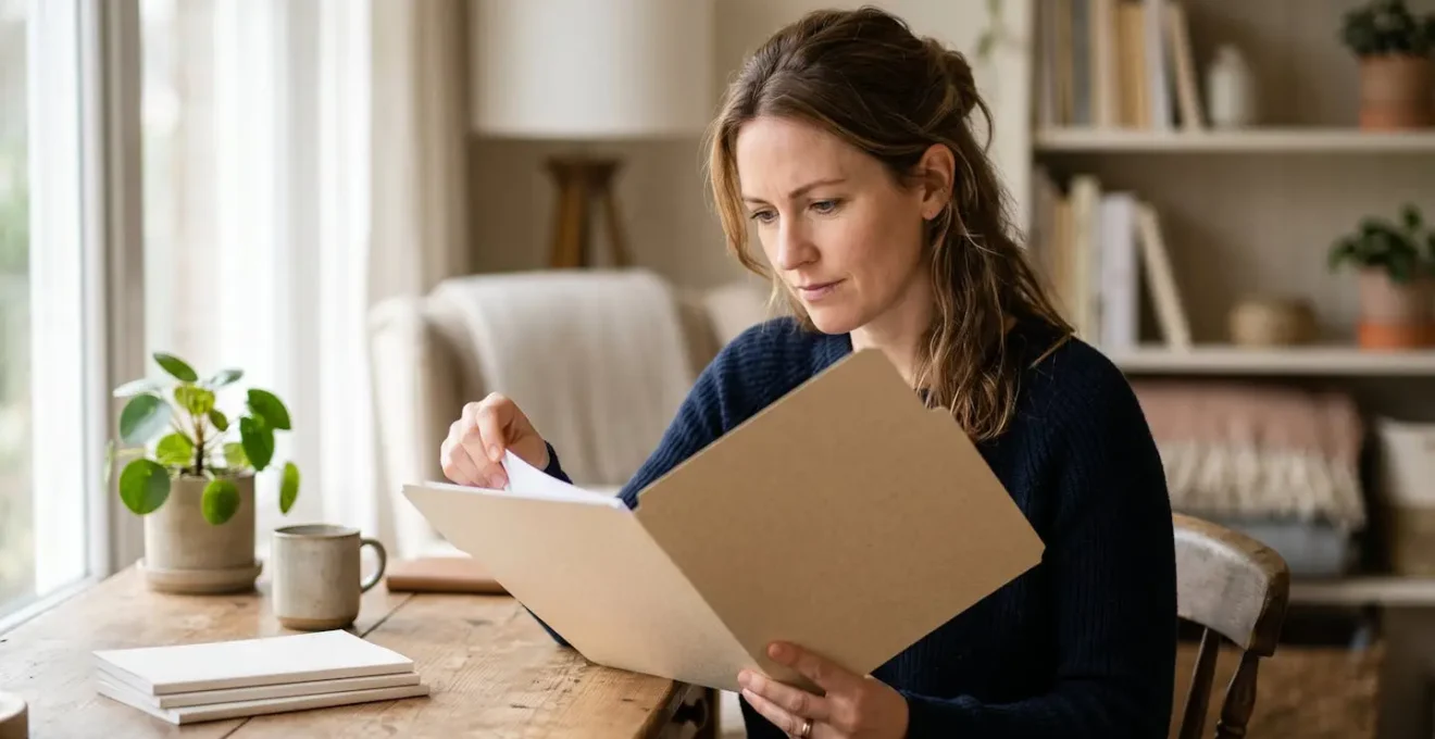Portrait serré d'une personne concentrée préparant son dossier d'assurance avec une expression de détermination