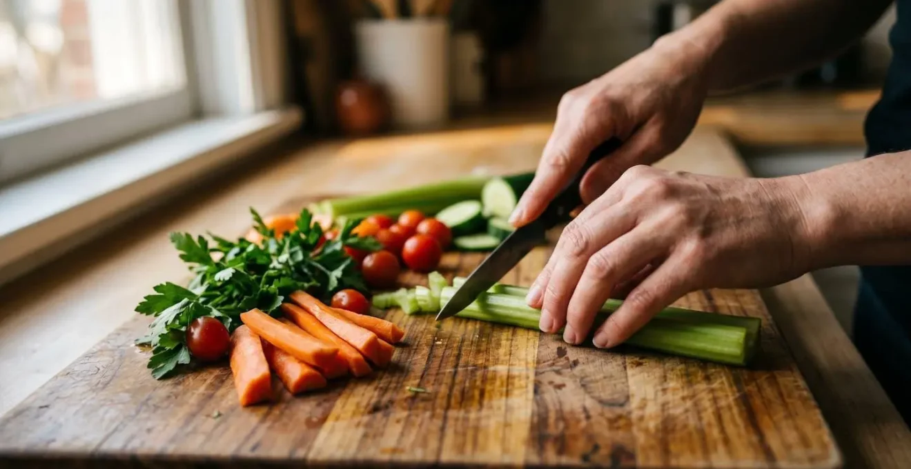 Mains préparant un repas familial dans une cuisine lumineuse et épurée