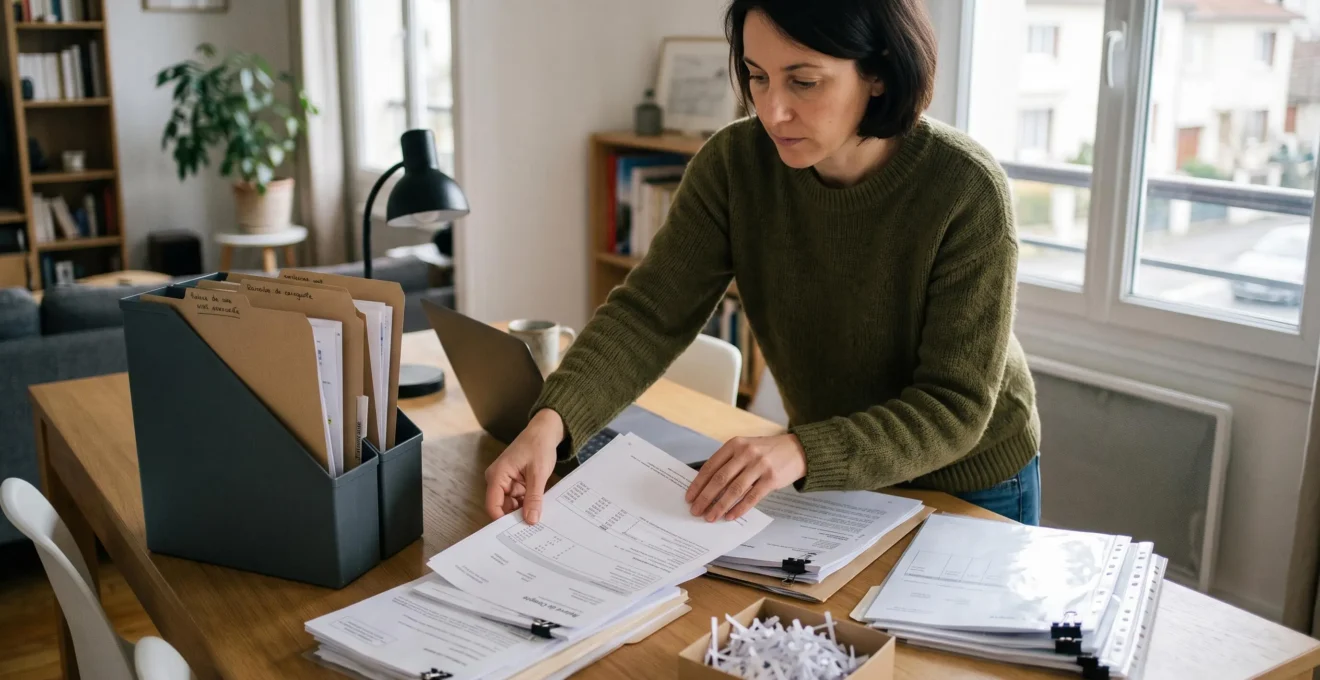 Une personne classe et archive méthodiquement des documents bancaires dans des dossiers avant la clôture de son ancien compte.