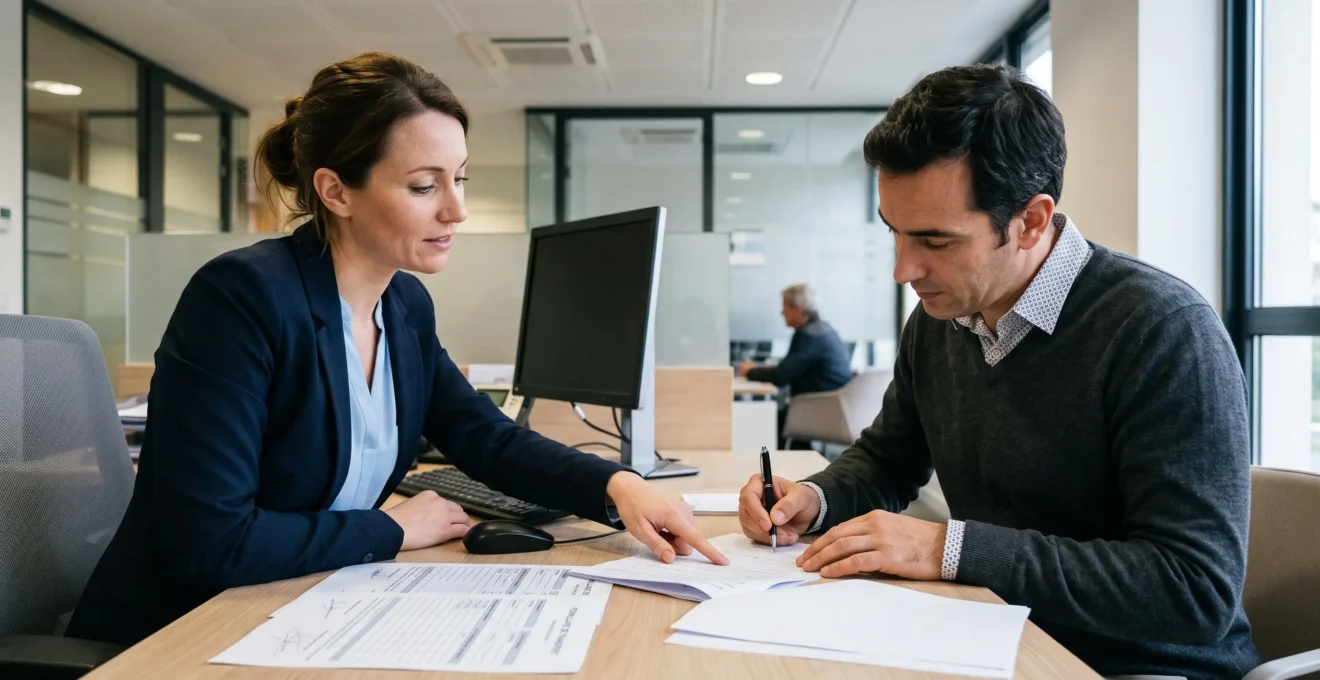 Un conseiller bancaire accompagne un client qui signe des documents de changement de banque dans une agence bancaire moderne.