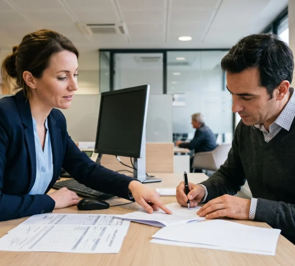 Un conseiller bancaire accompagne un client qui signe des documents de changement de banque dans une agence bancaire moderne.