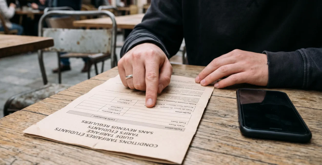 Des mains d'étudiant pointent une ligne de tarifs sur un document bancaire posé sur une table de café.