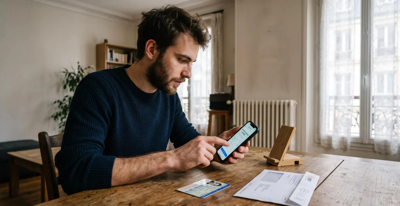 Un jeune homme ouvre un compte bancaire en ligne depuis son smartphone, sa carte d'identité en main, à la table de son appartement.