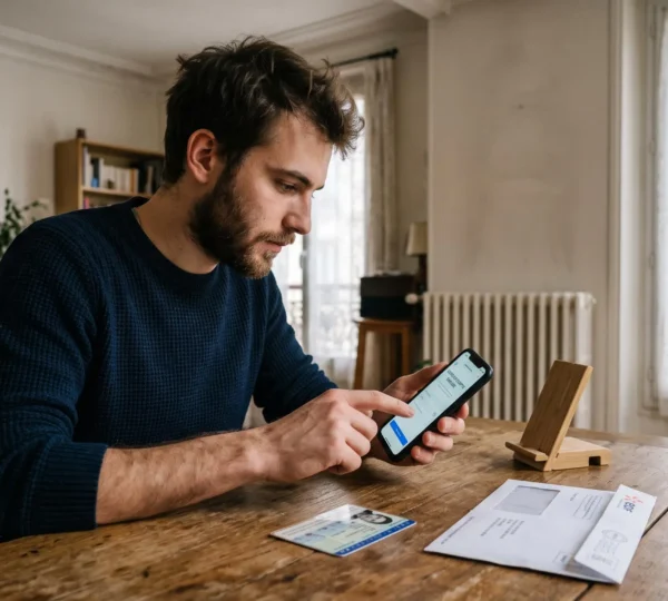 Un jeune homme ouvre un compte bancaire en ligne depuis son smartphone, sa carte d'identité en main, à la table de son appartement.