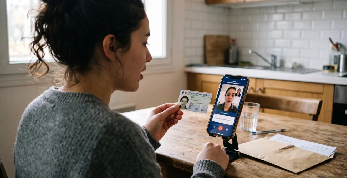 Une jeune femme présente sa carte d'identité devant son smartphone lors d'une vérification vidéo pour l'ouverture d'un compte en ligne.